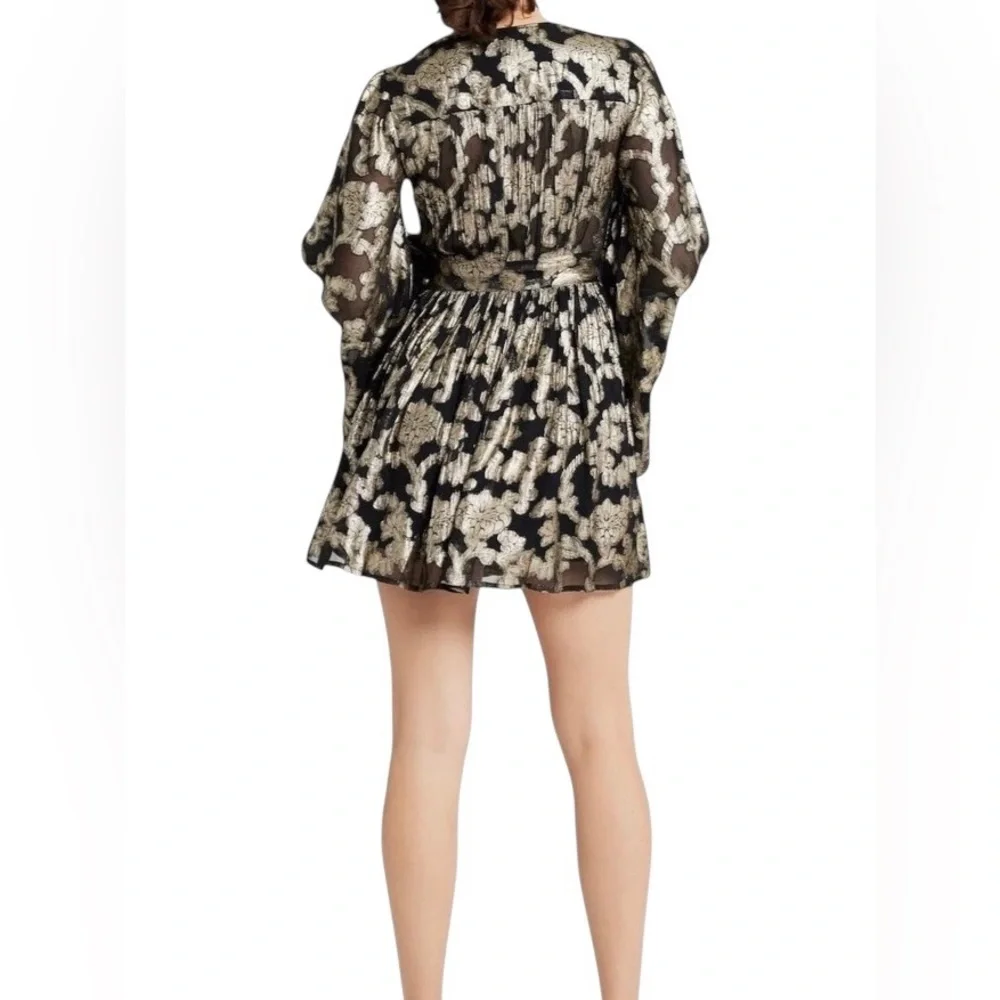 NWT Mille Goldie Metallic Jacquard Chiffon Long Bell Sleeve V-Neck GatheredSkirt